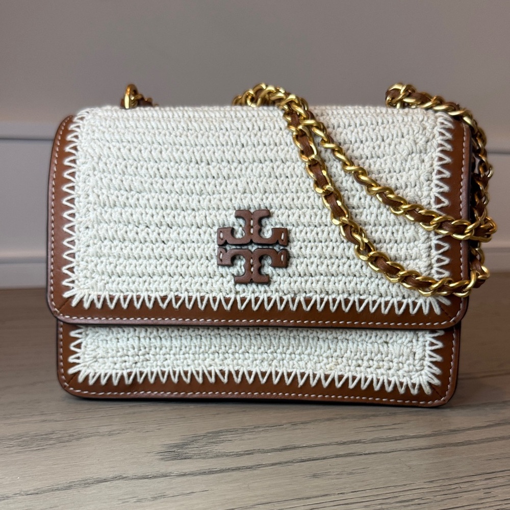 Tory Burch Cream and Brown Leather Crochet Crossbody Bag